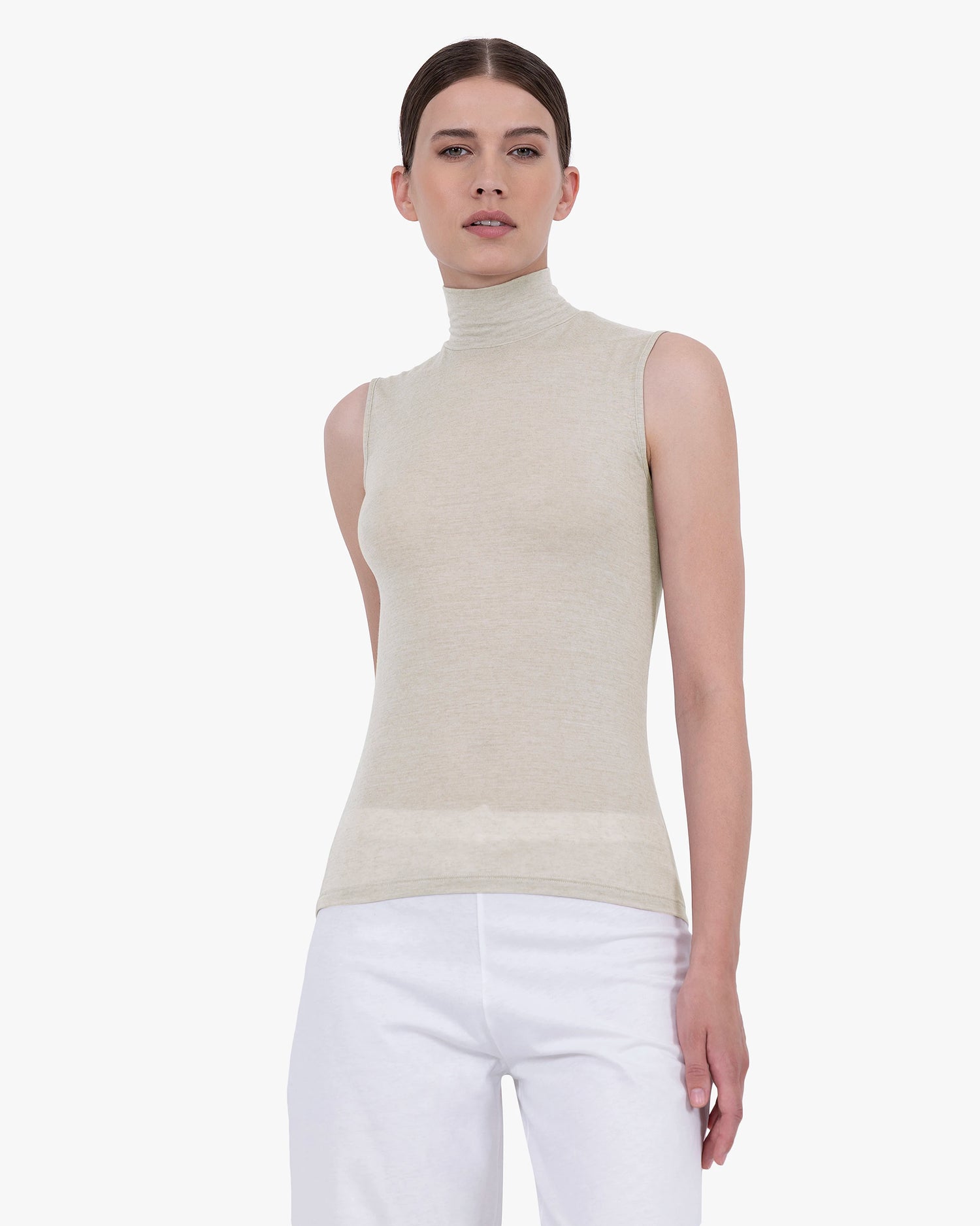 Mock Turtleneck High Neck Silk Sleeveless Top Wool And Silk