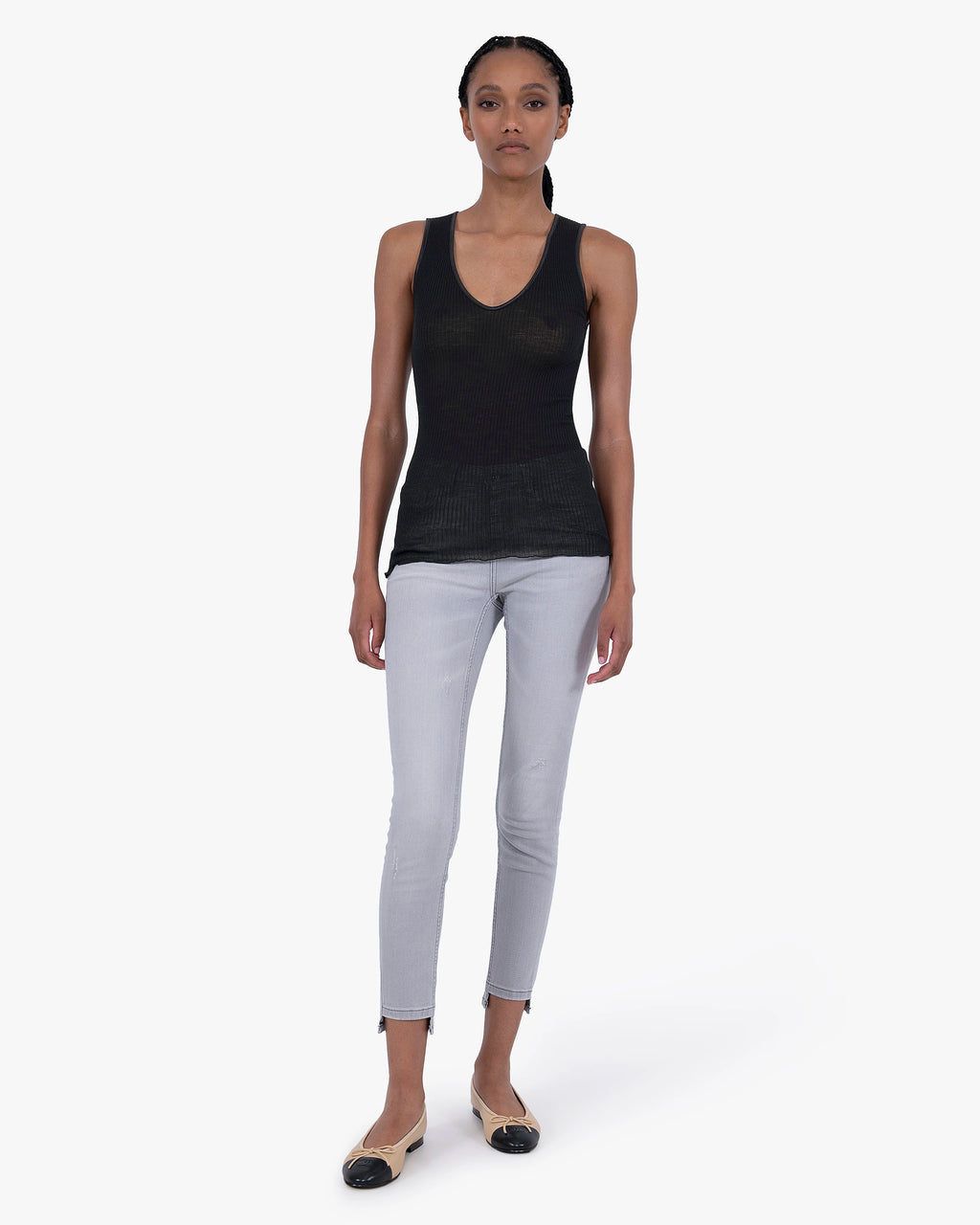 V-Neck Pleated Tank Top - Black Merino / Seta
