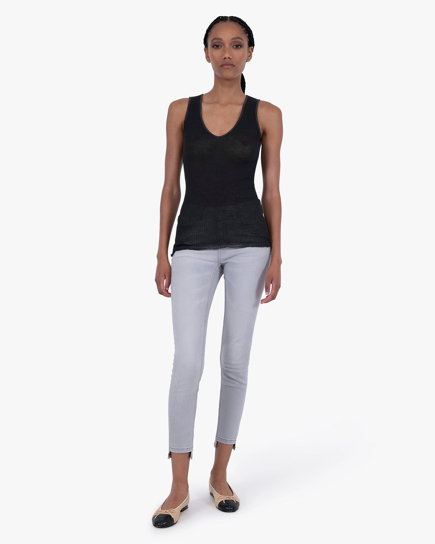 V-Neck Pleated Tank Top - Black Merino / Seta