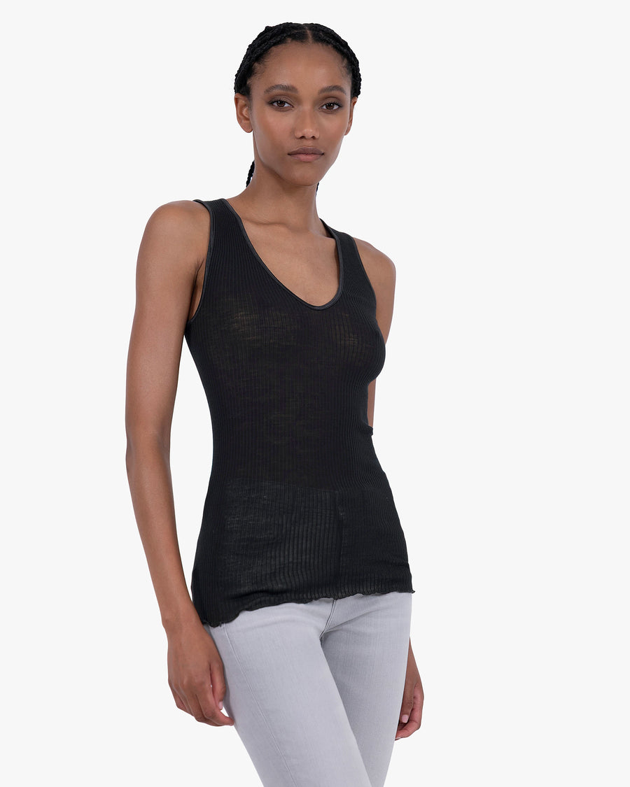 V-Neck Pleated Tank Top - Black Merino / Seta