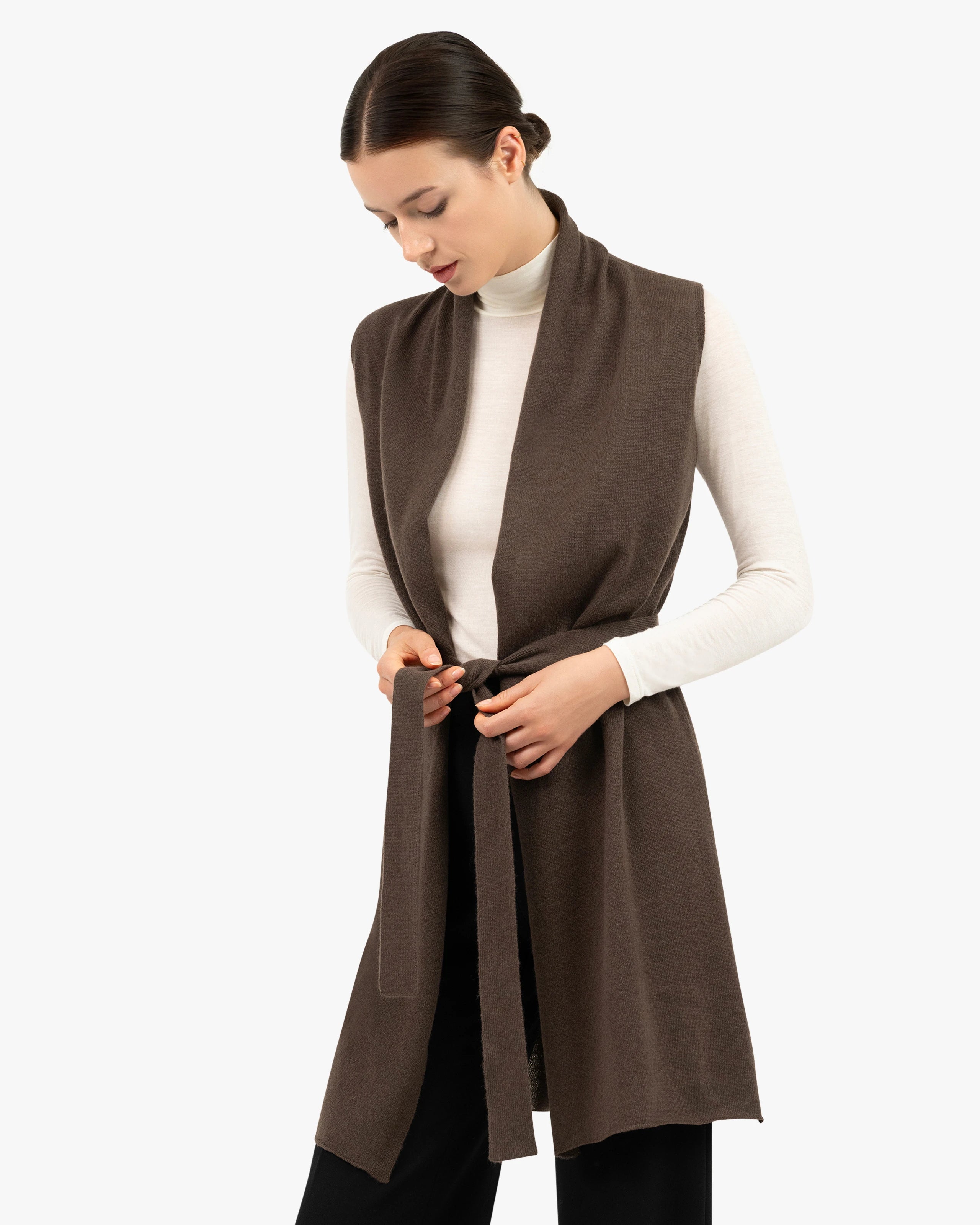 Essential Long Sleeveless Cashmere Cardigan - Brown | MaisonCashmere