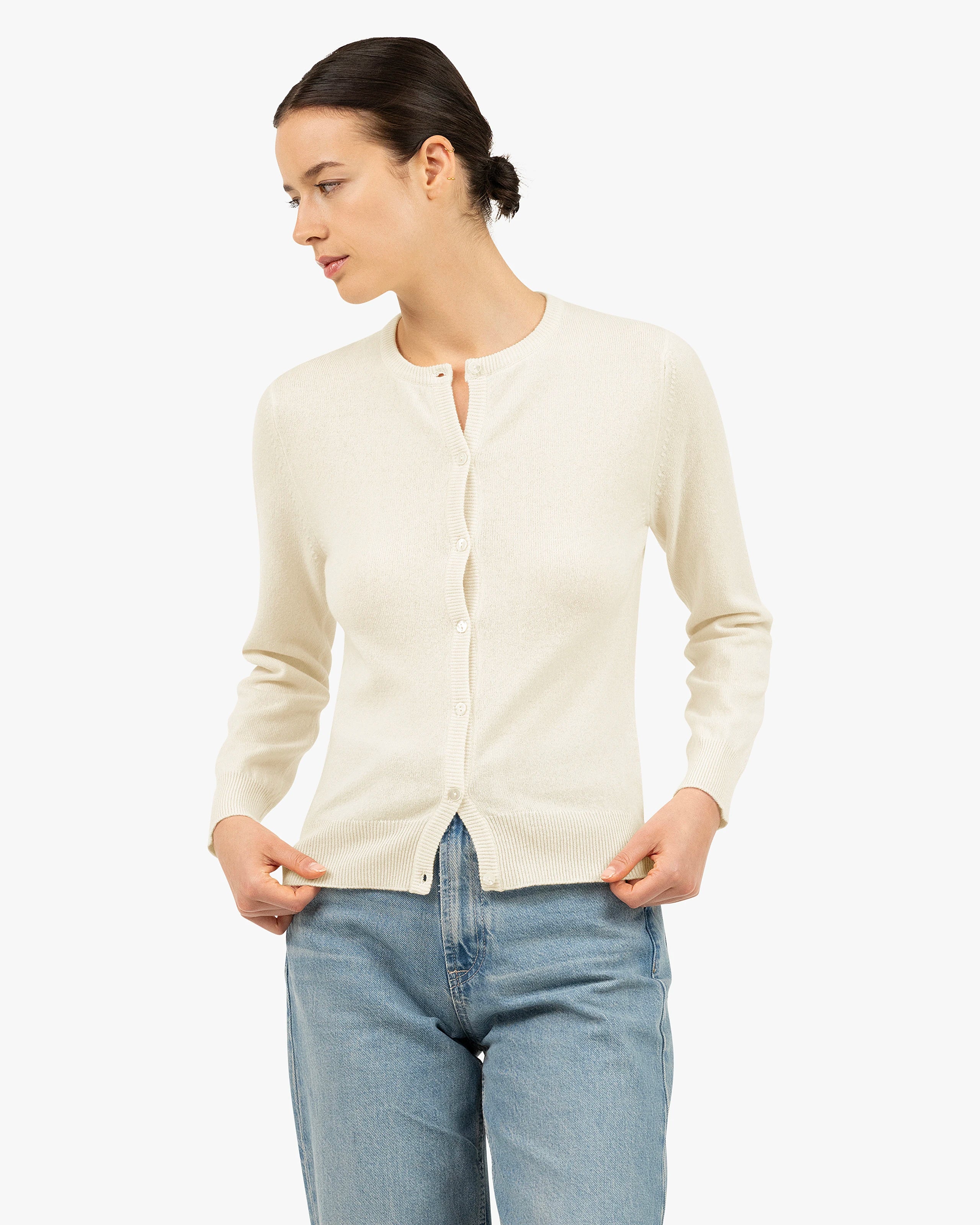 Essential Crew Neck Cardigan - White Cashmere