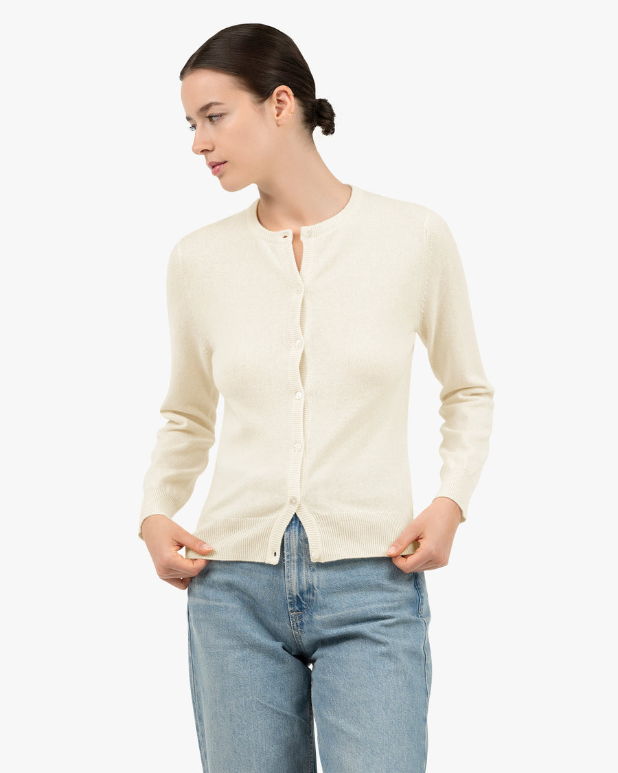 Essential Crew Neck Cardigan - White Cashmere