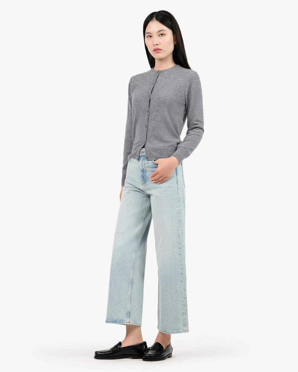 Essential Crew Neck Cardigan - Medium Grey Cashmere