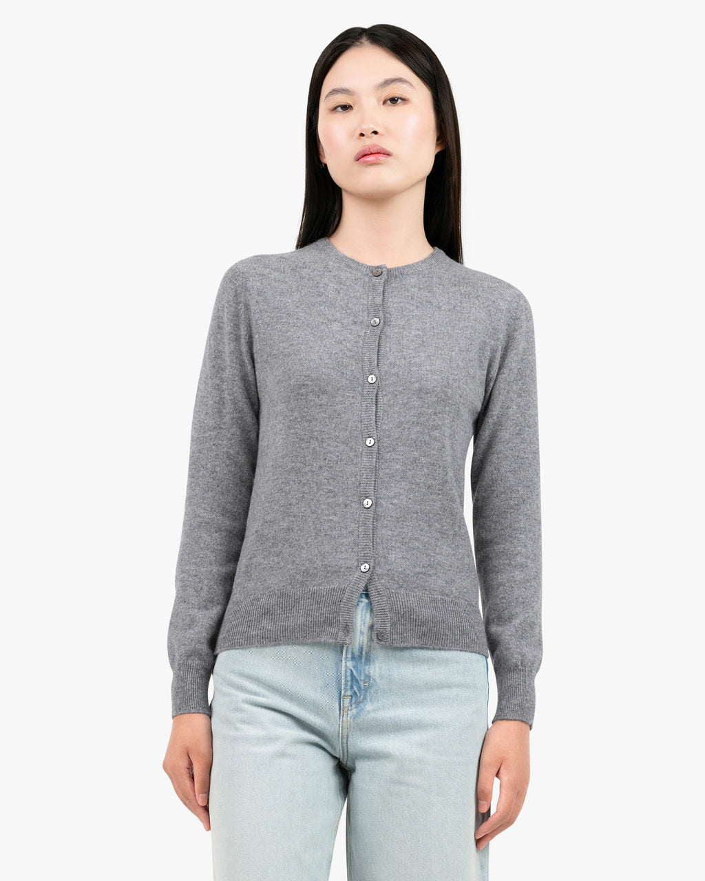 Essential Crew Neck Cardigan - Medium Grey Cashmere