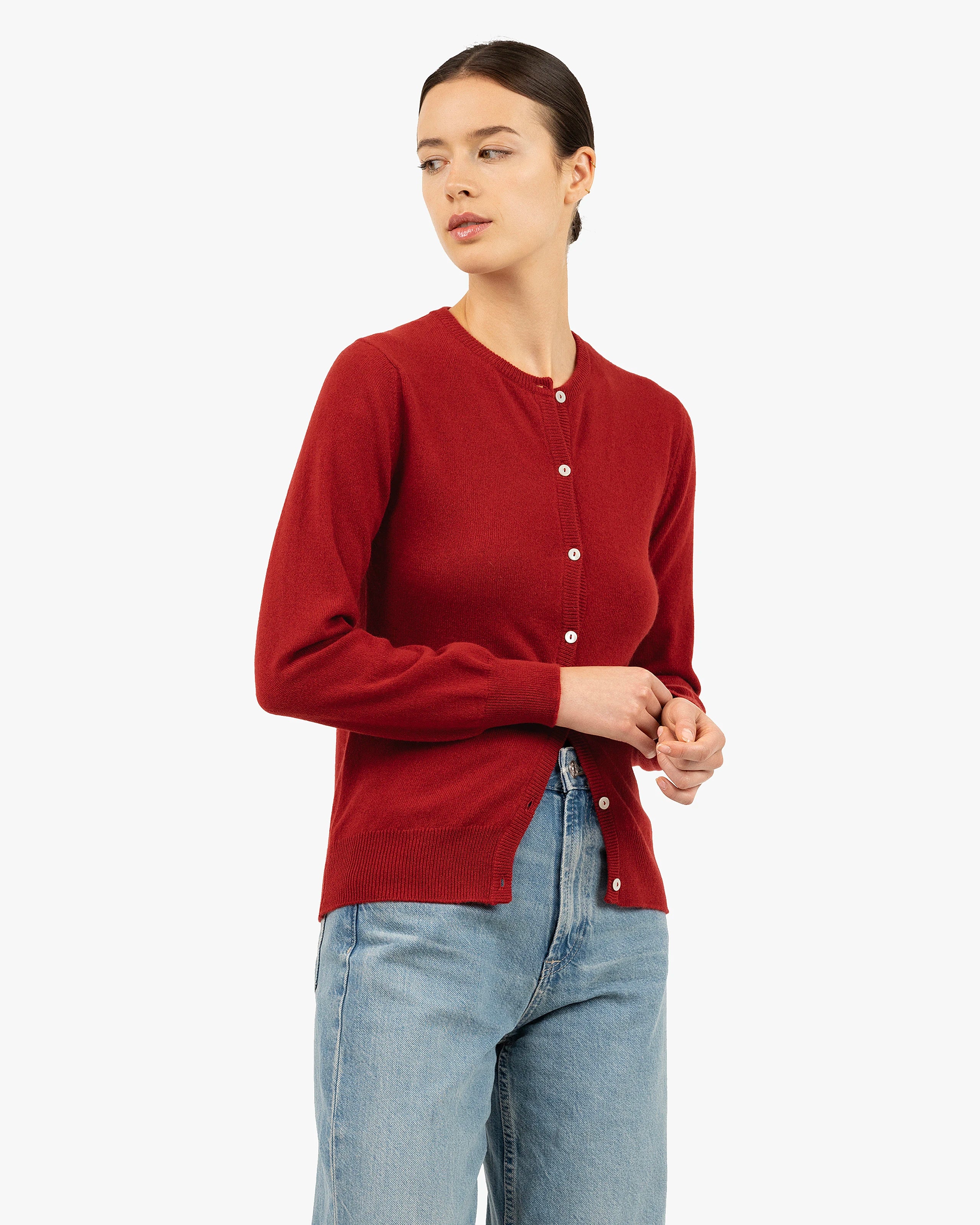Women's Essential Cashmere Crew Neck Cardigan - Red | MaisonCashmere
