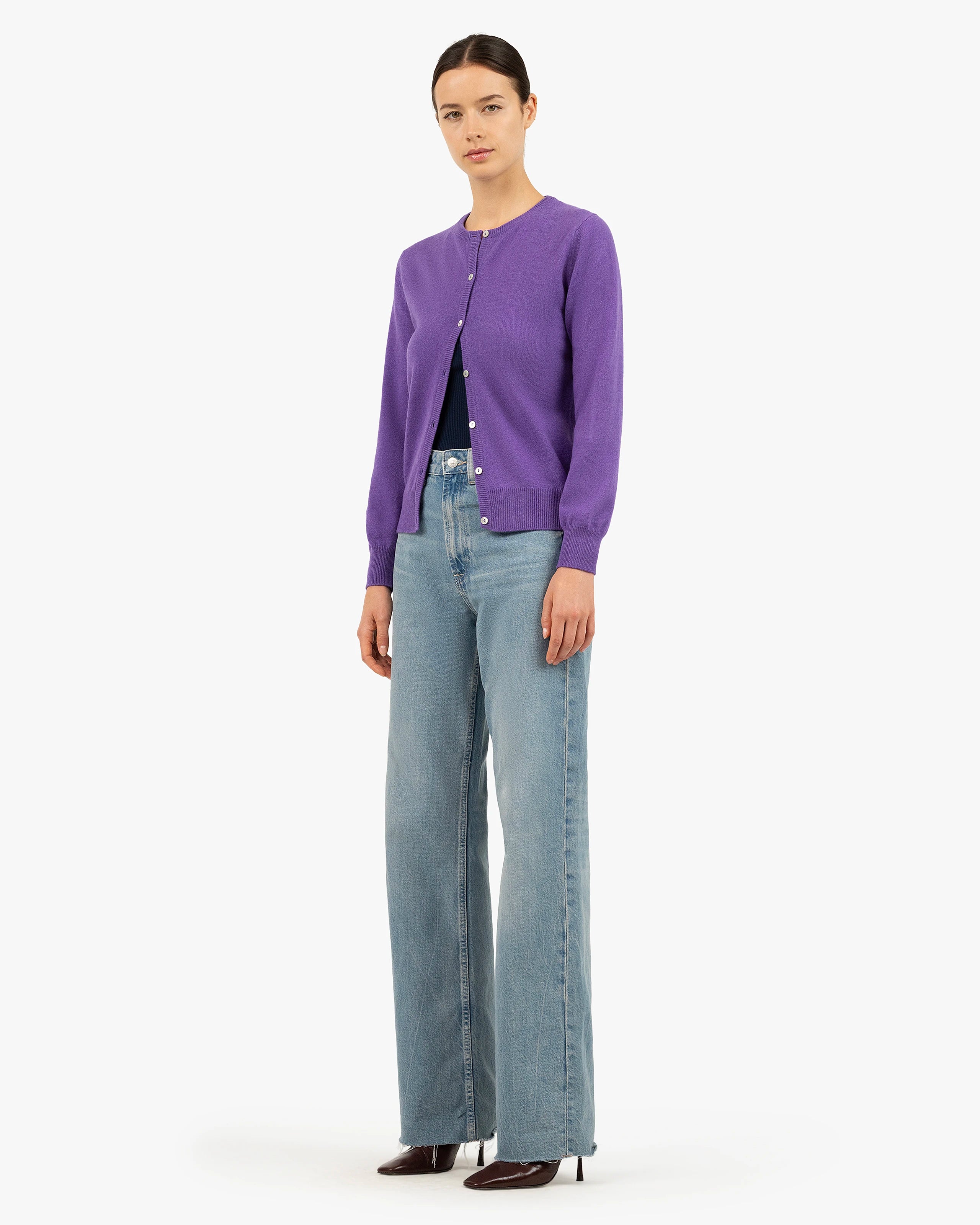 Essential Crew Neck Cardigan - Purple Cashmere