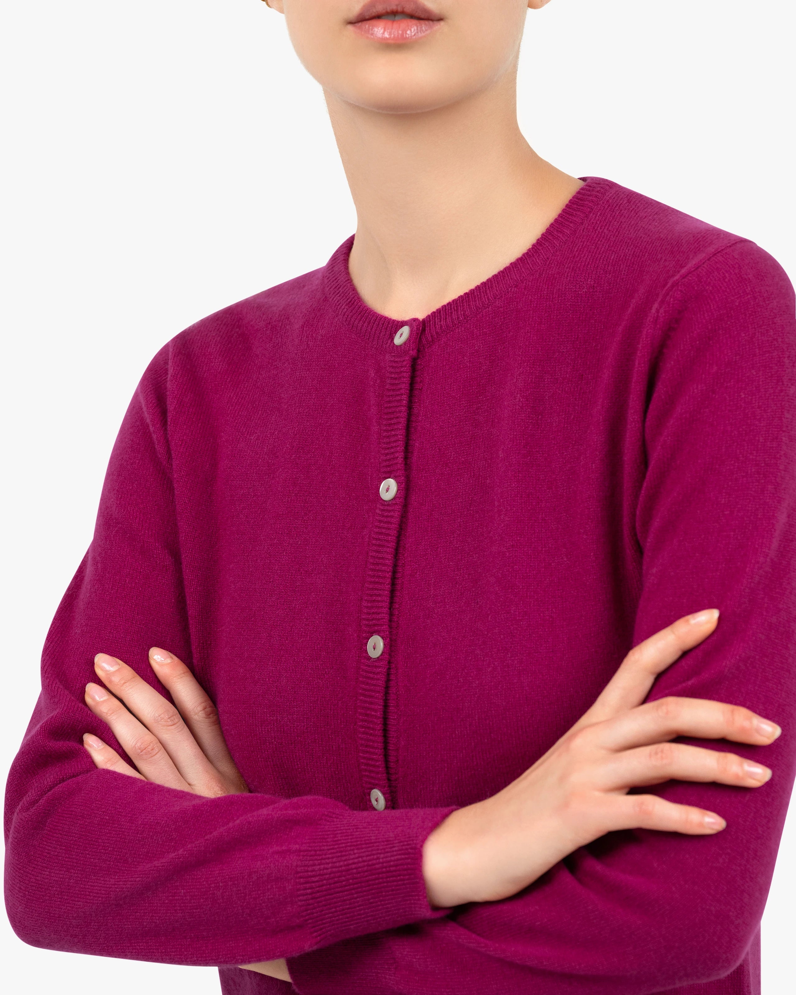 Women's Essential Cashmere Crew Neck Cardigan - Magenta