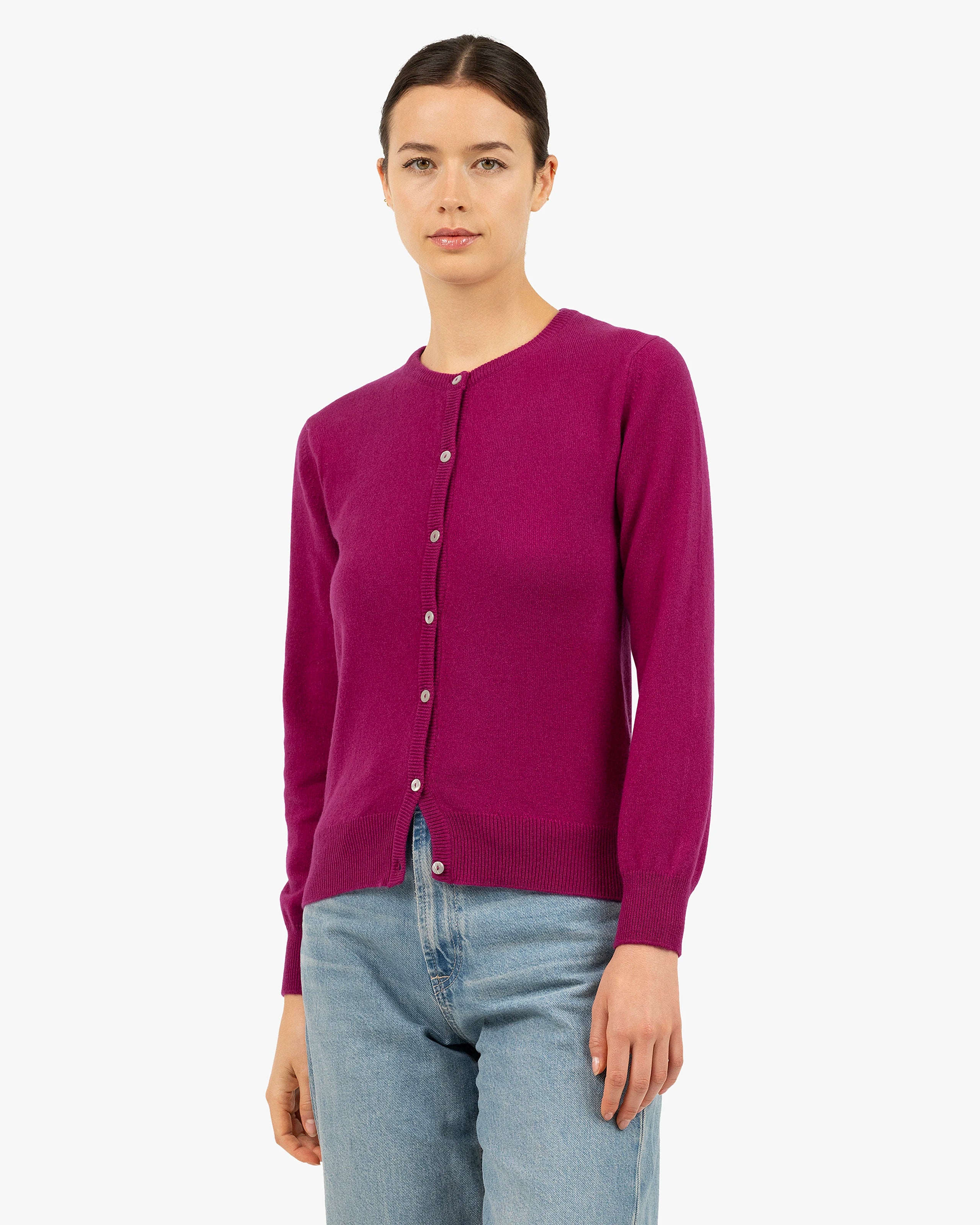 Women's Essential Cashmere Crew Neck Cardigan - Magenta