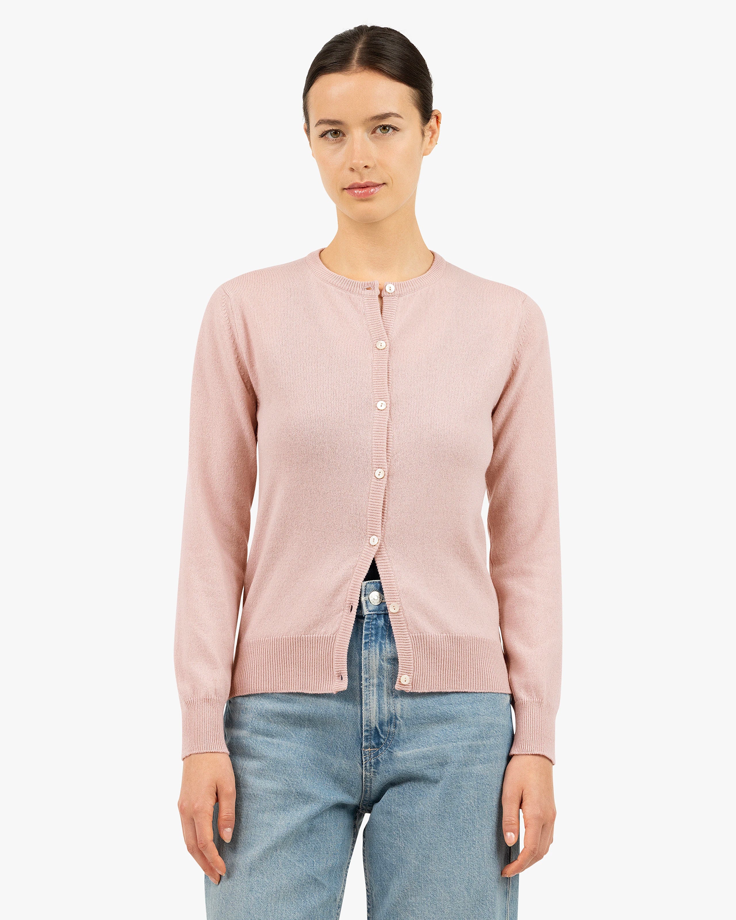 Essential Crew Neck Cardigan - Rose Cashmere