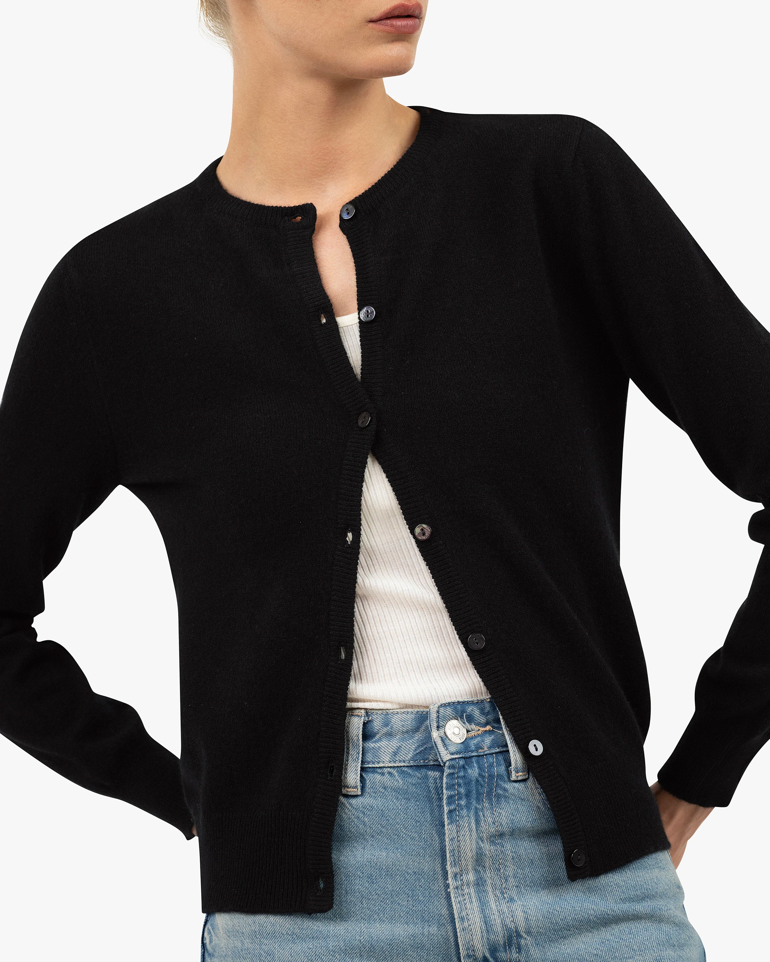 Essential Crew Neck Cardigan - Black Cashmere