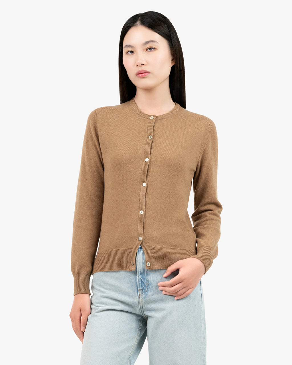 Essential Crew Neck Cardigan - Camel Cashmere