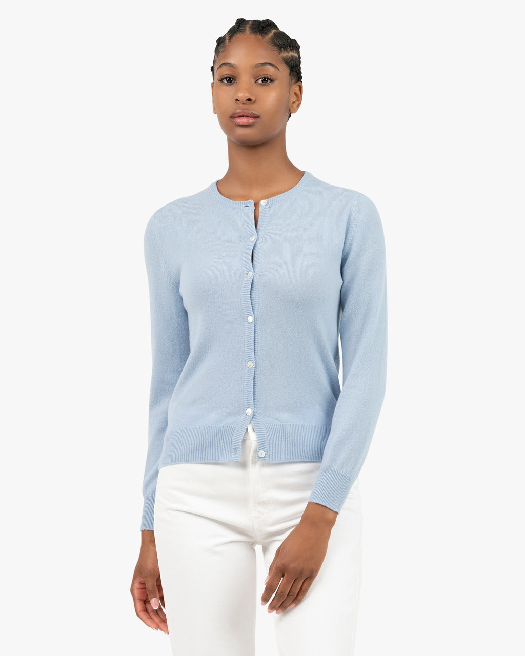 Essential Crew Neck Cardigan - Light Blue Cashmere