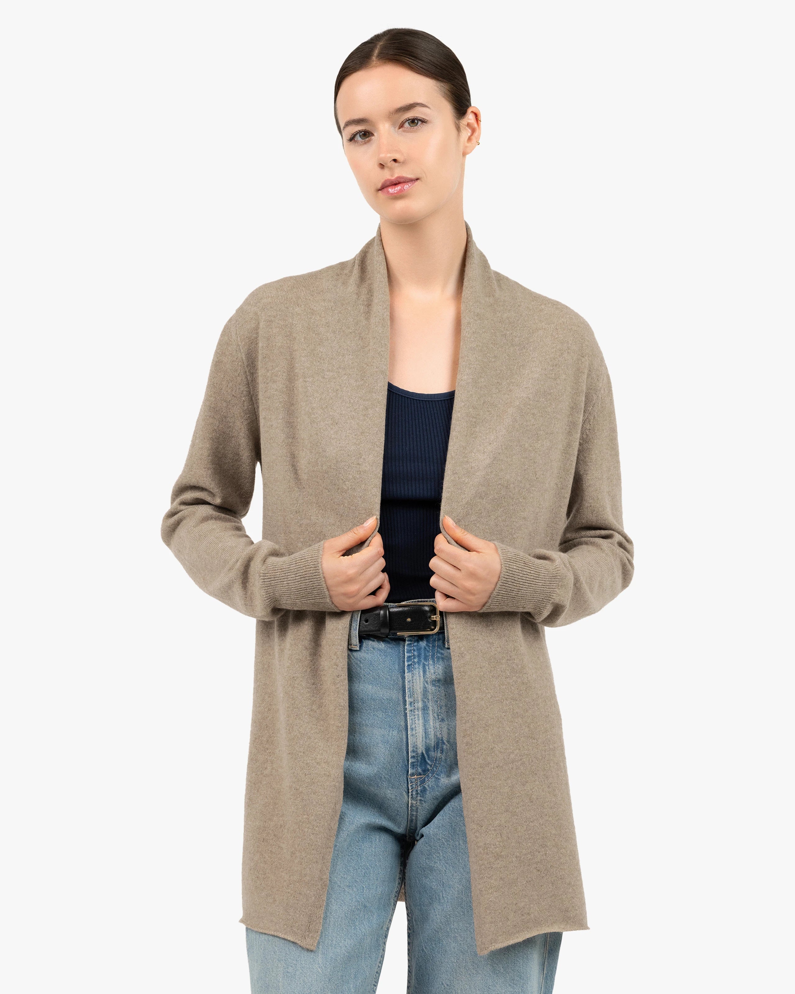 Women's Essential Cashmere Open Cardigan - Taupe | MaisonCashmere