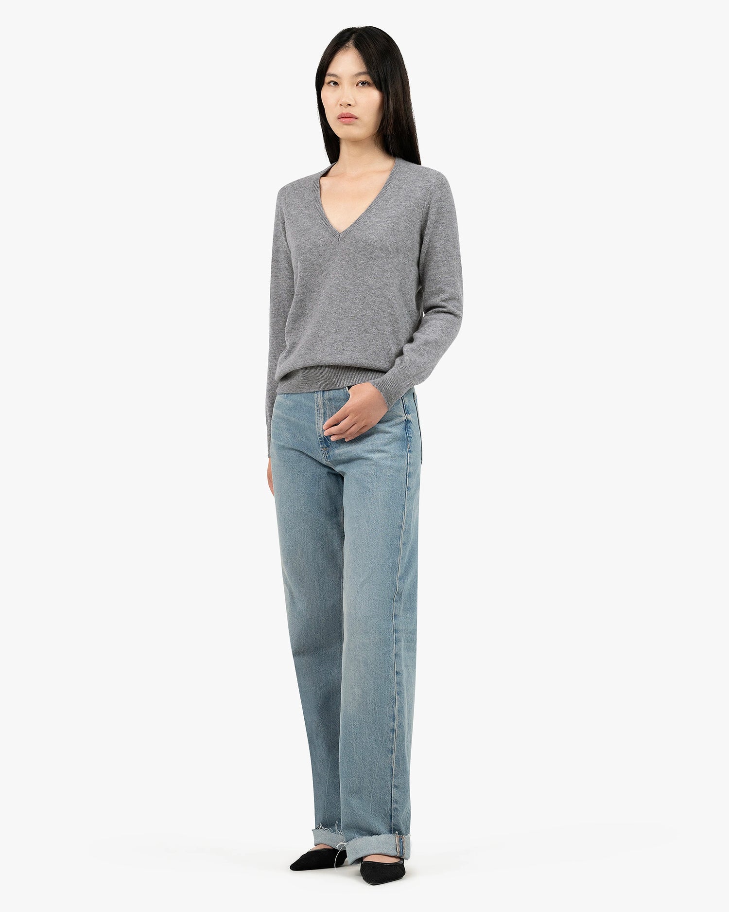 Essential Kaschmir V-Ausschnitt Pullover Damen Mittelgrau