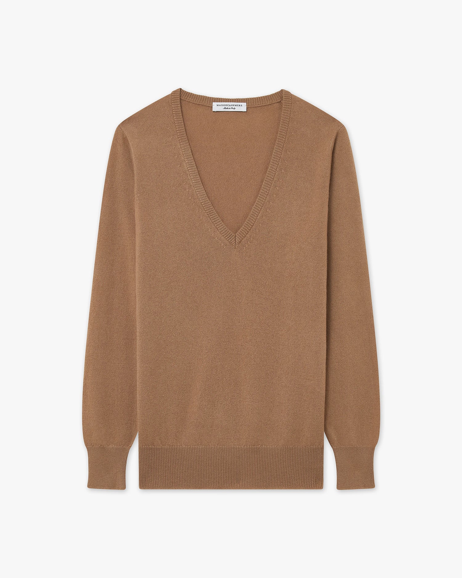 Pull Col V Essential Cachemire Femme Camel MaisonCashmere