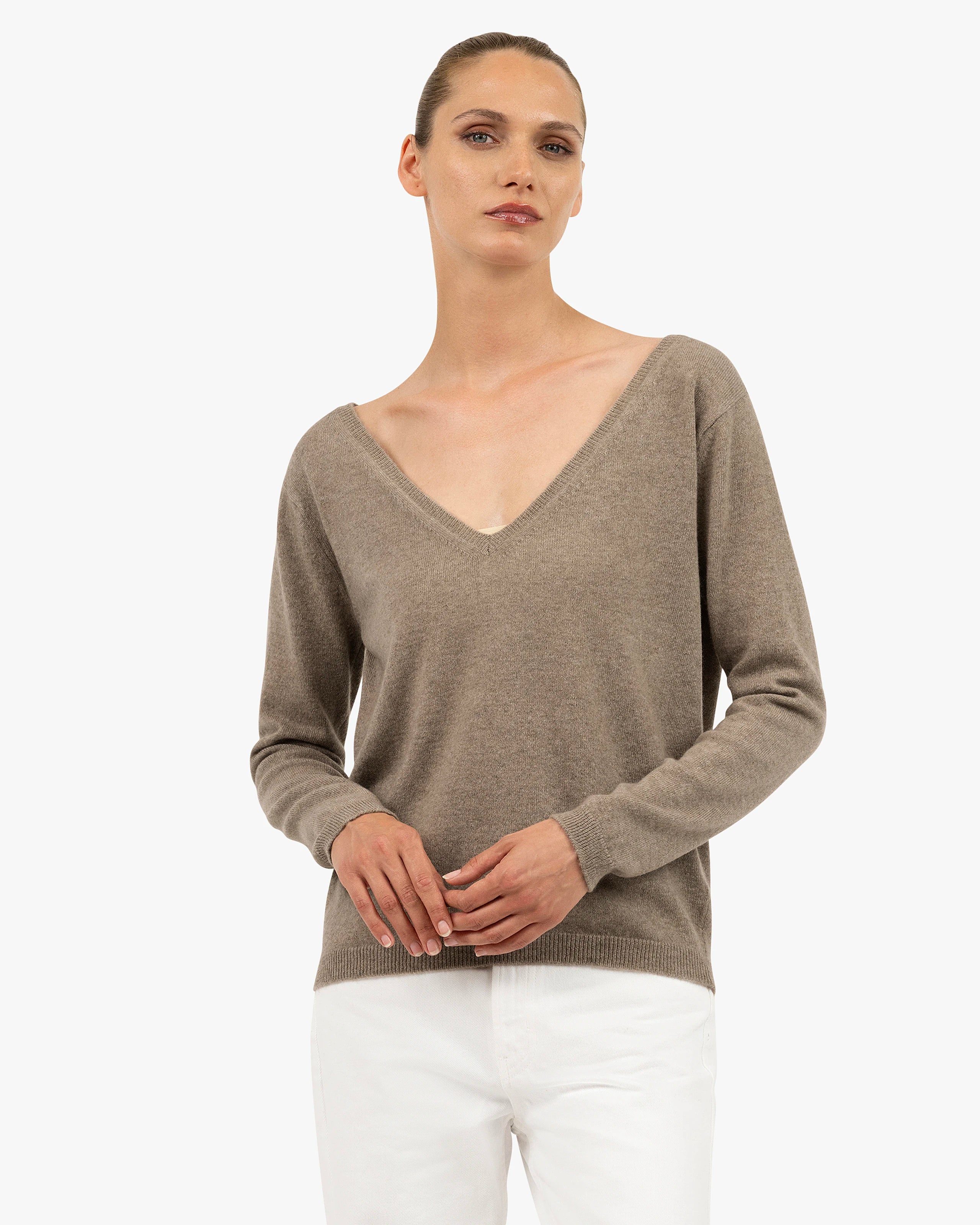 Essential Wide V-Neck Sweater - Taupe Cashmere