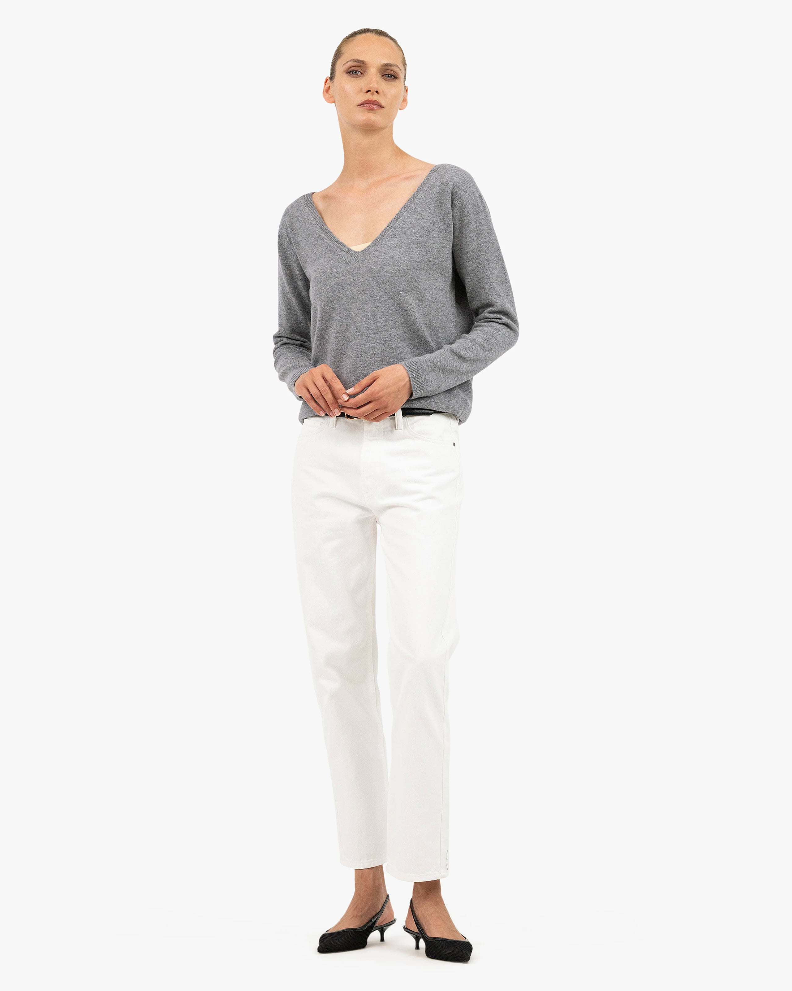 Essential Wide V-Neck Sweater - Medium Grey Cashmere