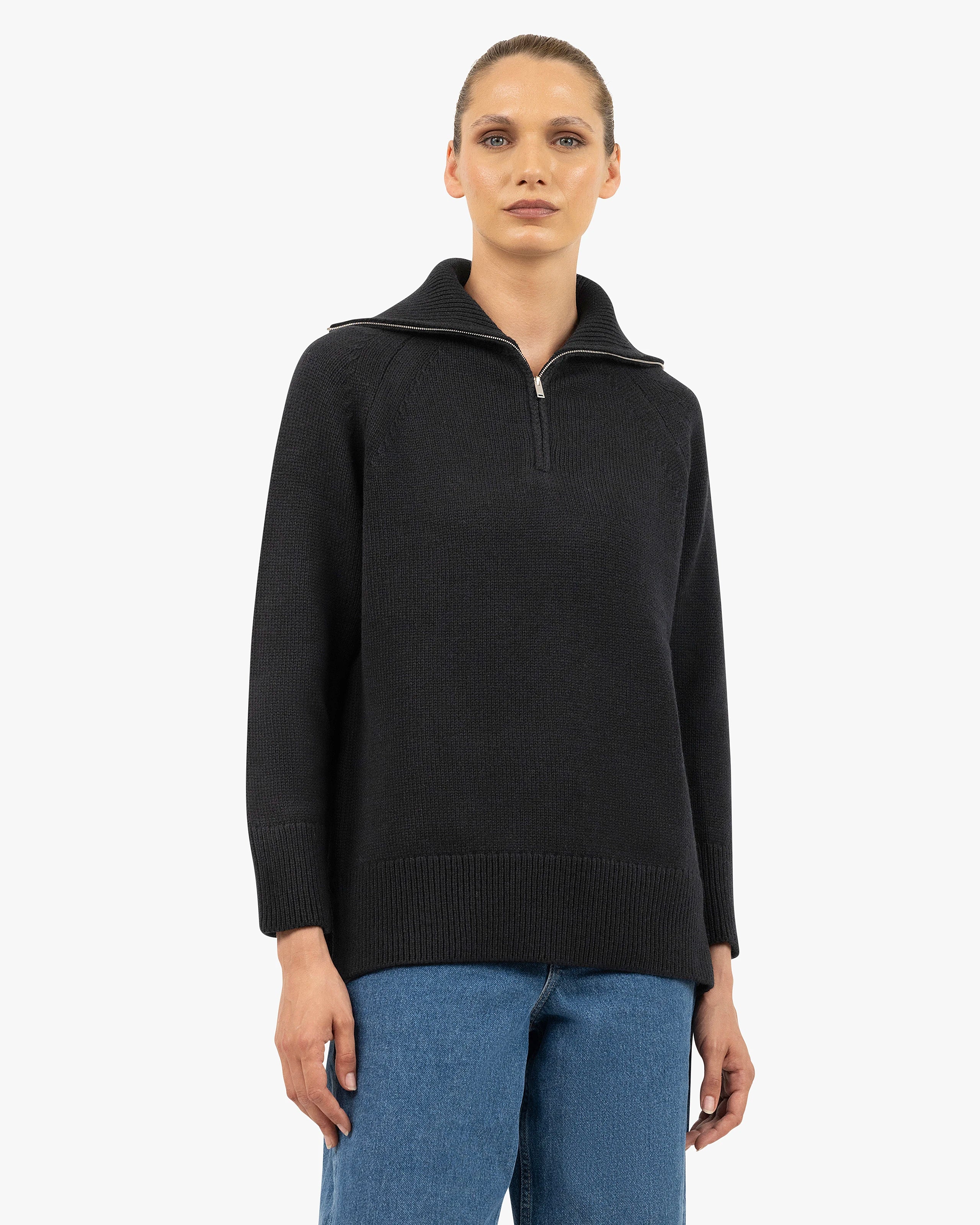 Women's Funes Zip Merino Sweater - Black | MaisonCashmere