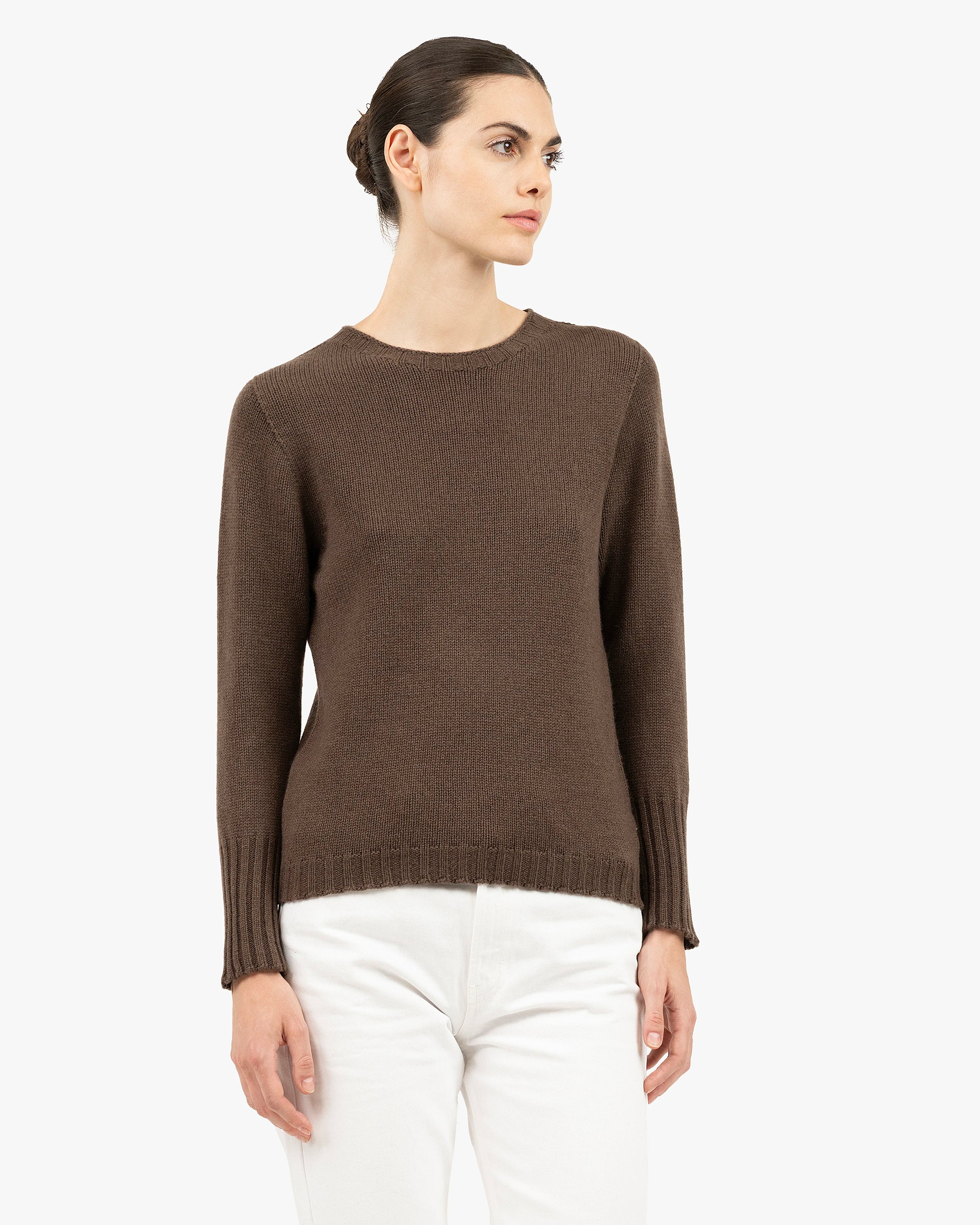 Women's Merano Cashmere Crew Neck - Brown | MaisonCashmere
