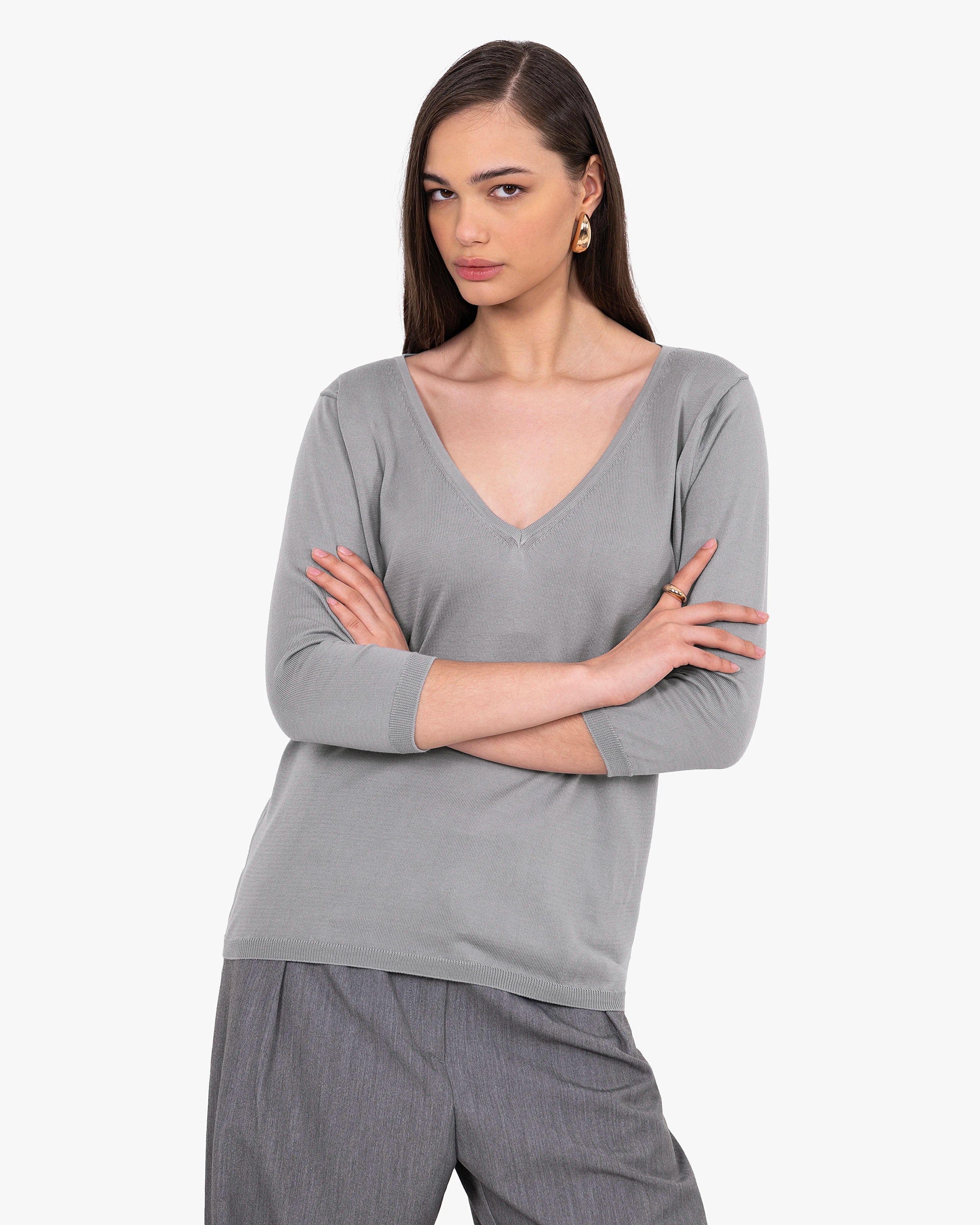 Women's Oasi V-Neck Sweater - Grey Cotone