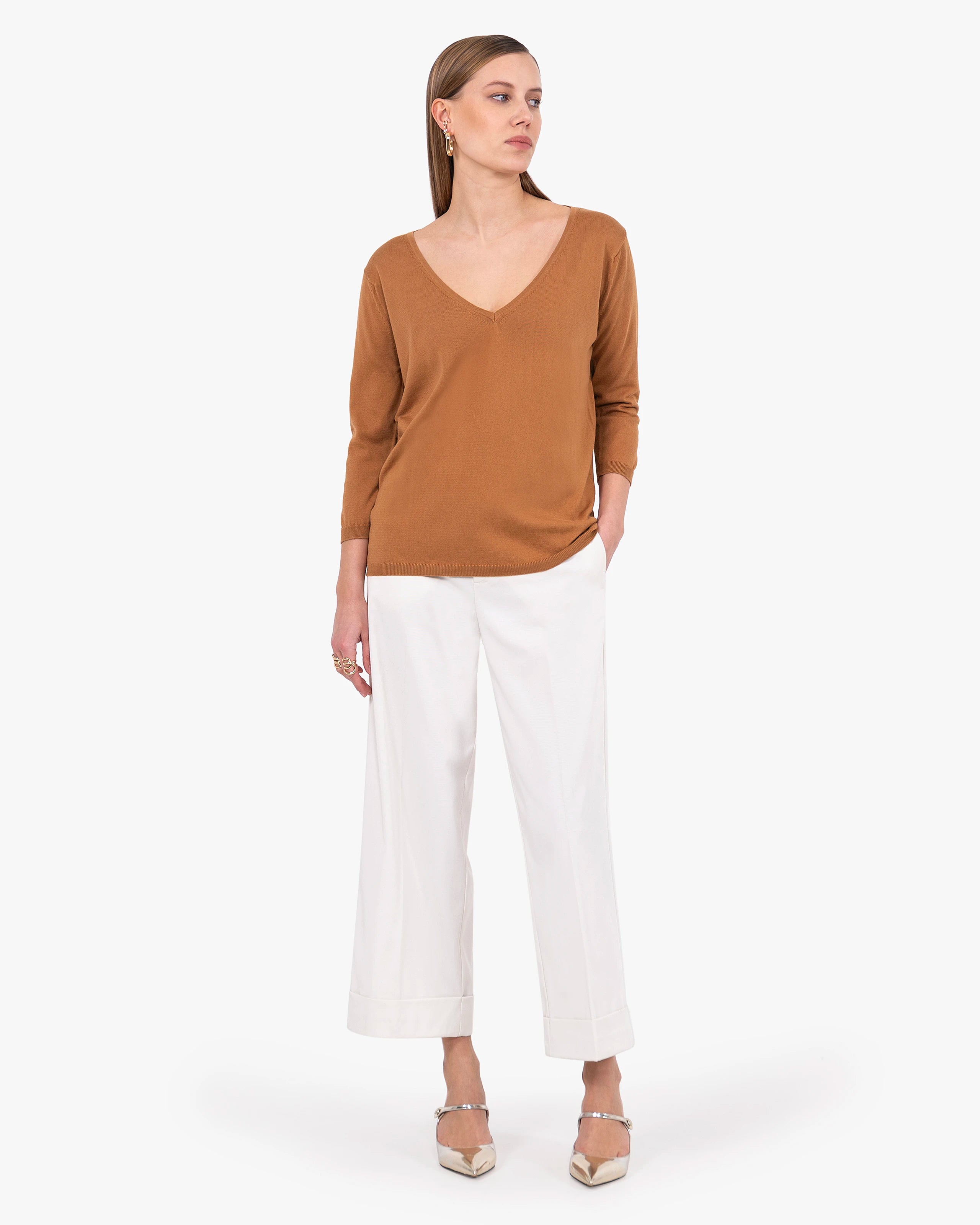 Women's Oasi V-Neck Sweater - Hazelnut Cotone
