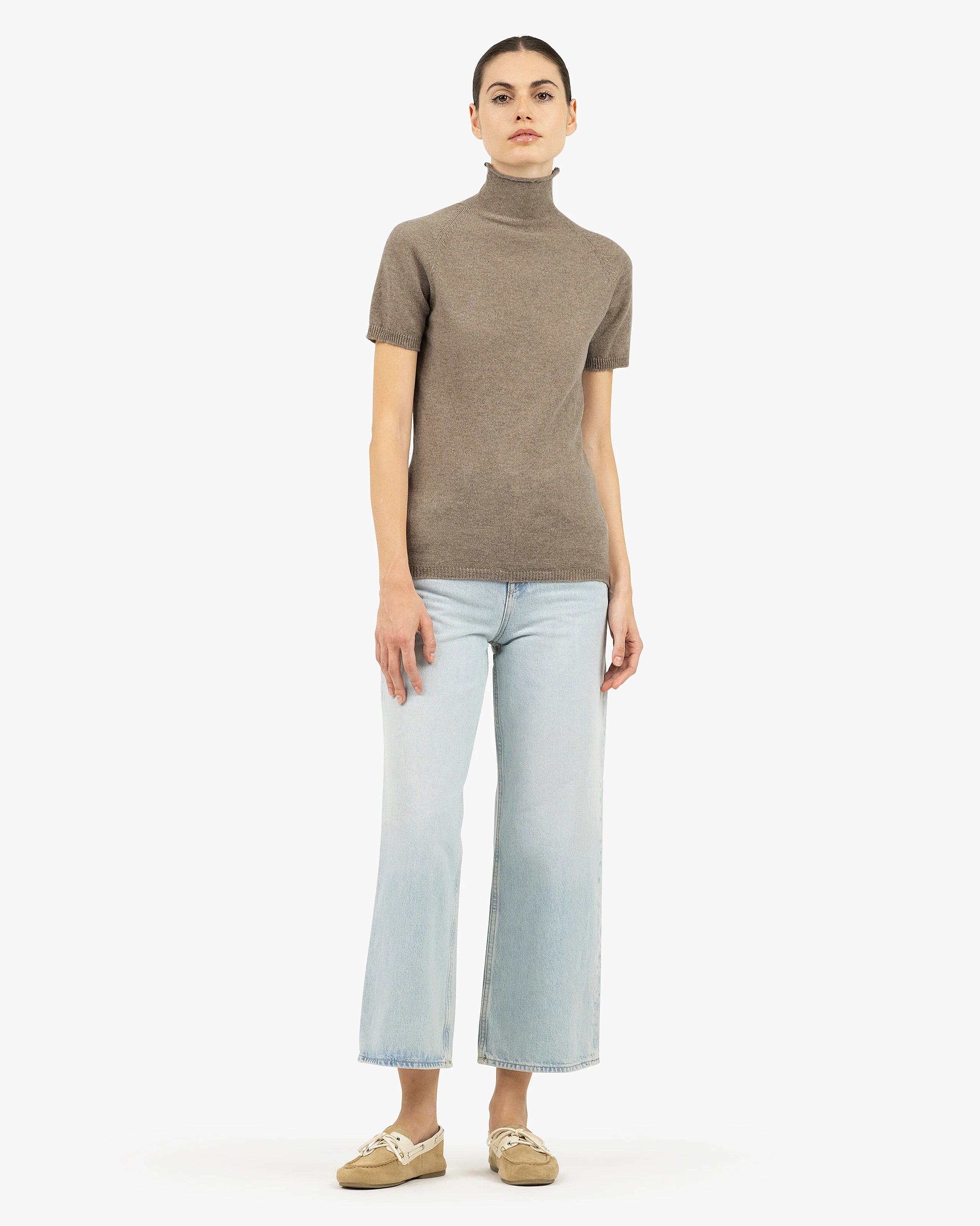 Piuma Mock Neck Tee - Taupe Cashmere
