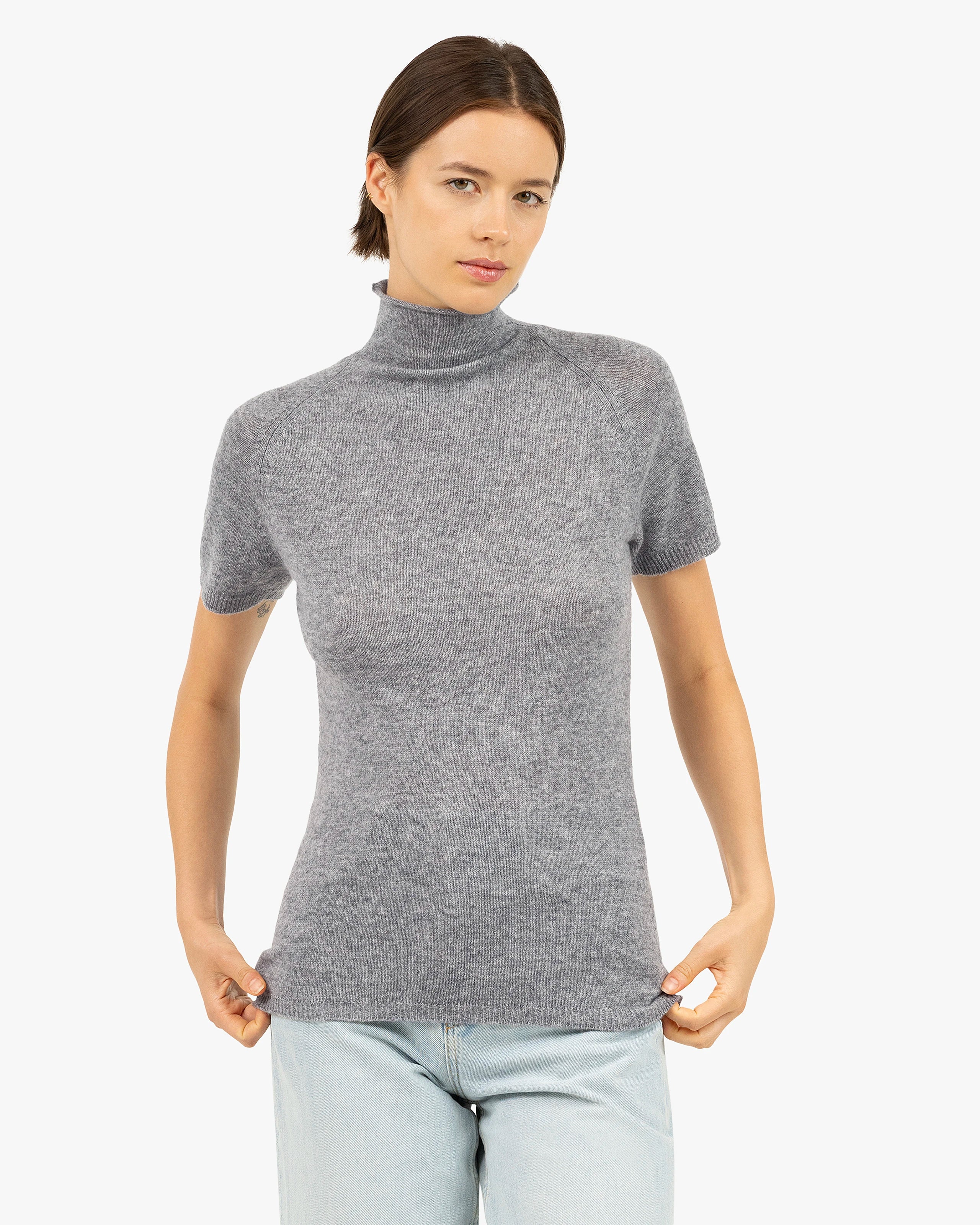 Piuma Mock Neck Tee - Medium Grey Cashmere