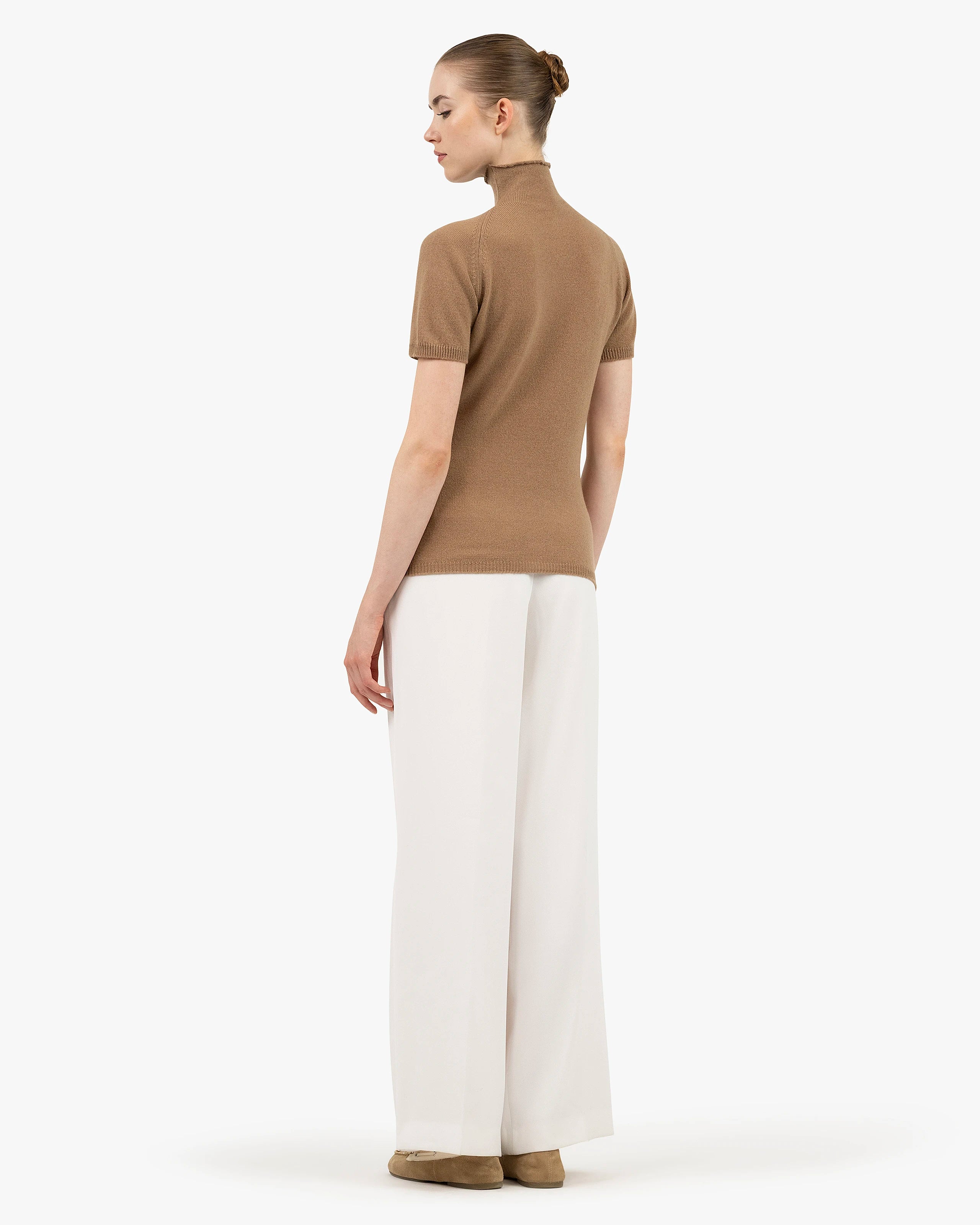 Women's Piuma Cashmere Mock Neck Tee - Camel | MaisonCashmere