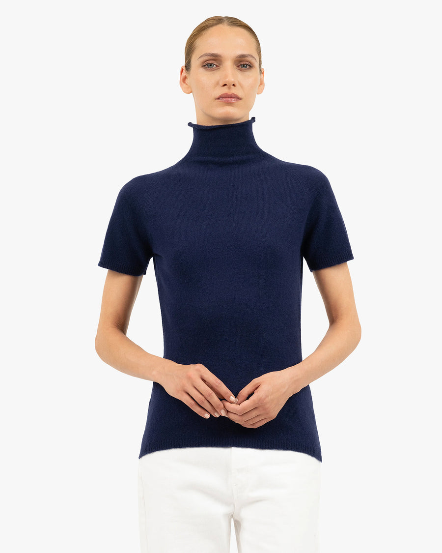 Piuma Mock Neck Tee - Blue Cashmere