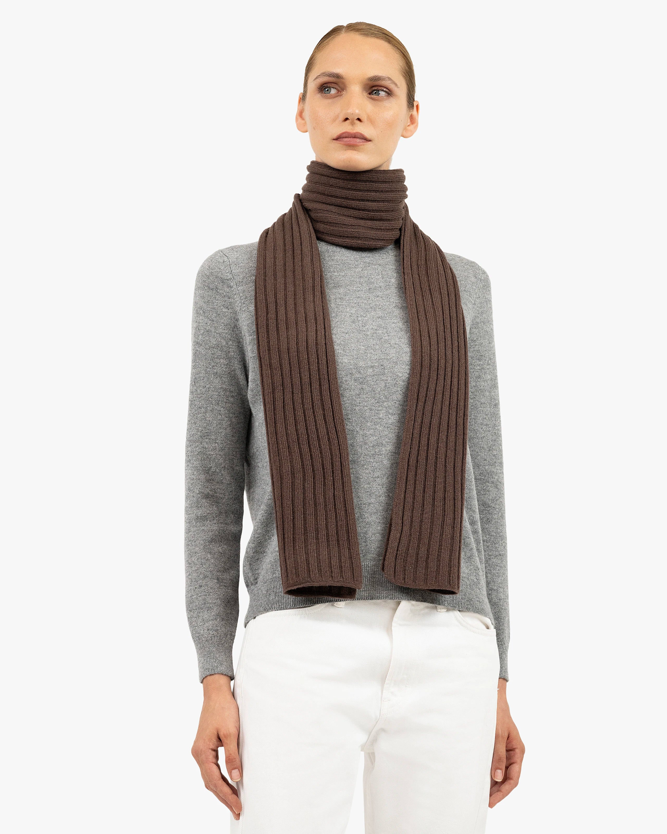Women's Ribbed Scarf - Brown Cashmere