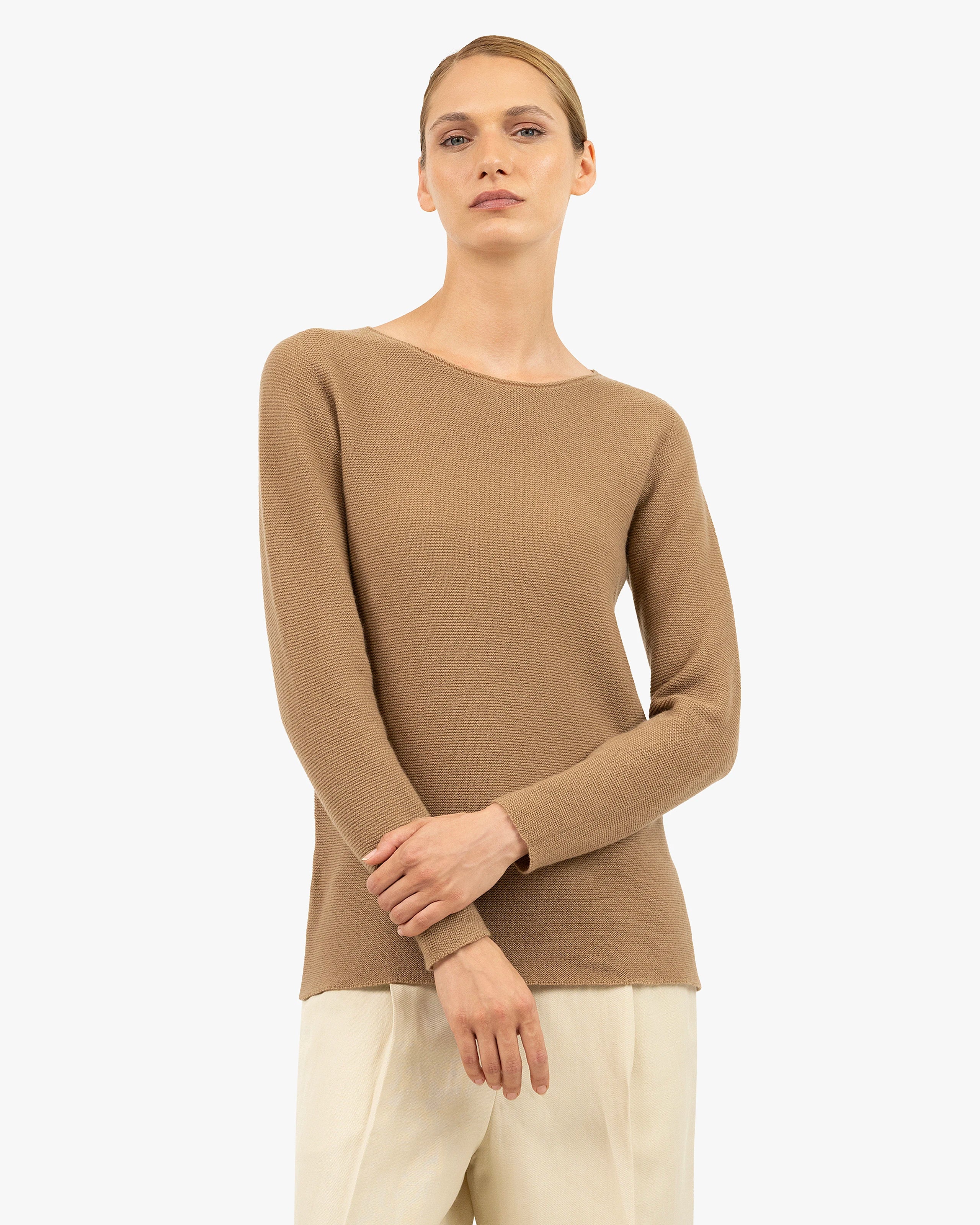 Soffio Boat Neck Sweater - Camel Cashmere